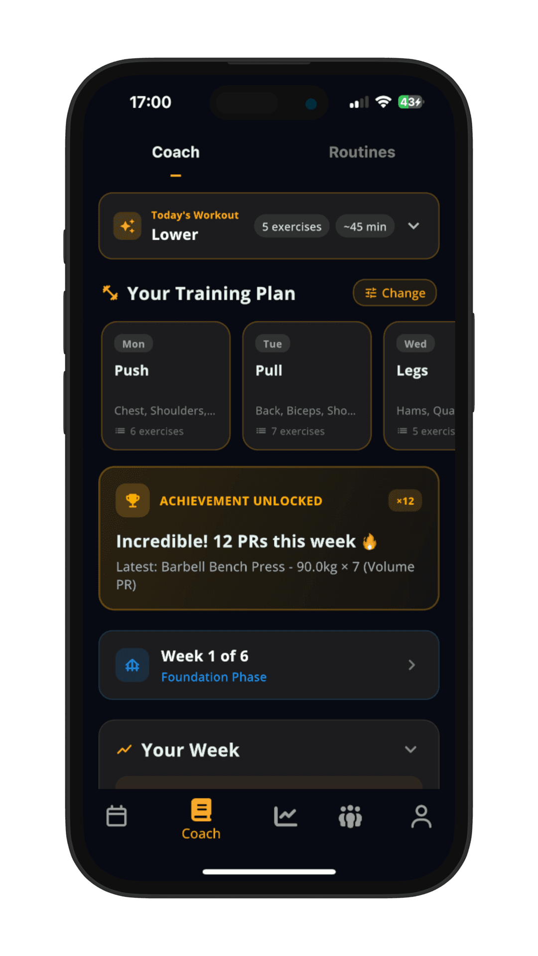 Stronger app coach screen showing personalised push pull legs training plan with achievement badges